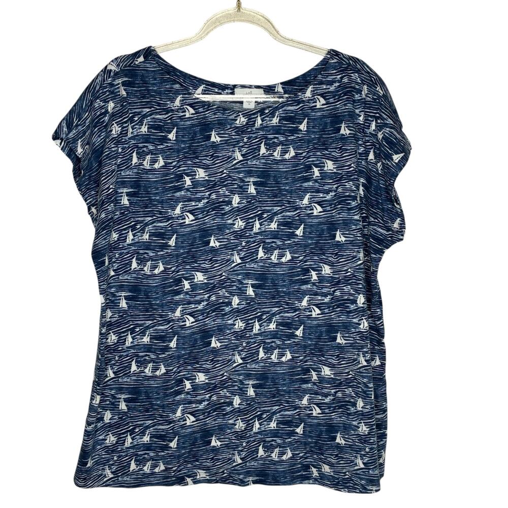 J Jill Womens Size Medium Navy Blue Sailboats‎ Top Nautical Button Back Cotton